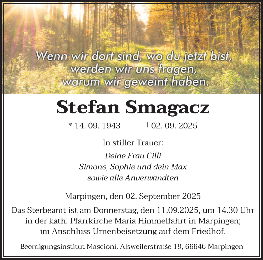  Traueranzeige für Stefan Smagacz vom 06.09.2025 aus saarbruecker_zeitung
