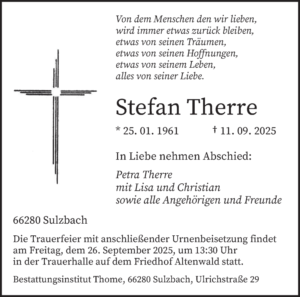  Traueranzeige für Stefan Therre vom 20.09.2025 aus saarbruecker_zeitung