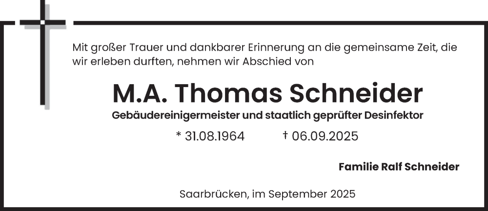  Traueranzeige für Thomas Schneider vom 13.09.2025 aus saarbruecker_zeitung