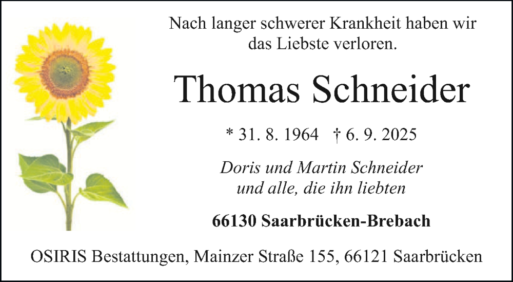  Traueranzeige für Thomas Schneider vom 13.09.2025 aus saarbruecker_zeitung