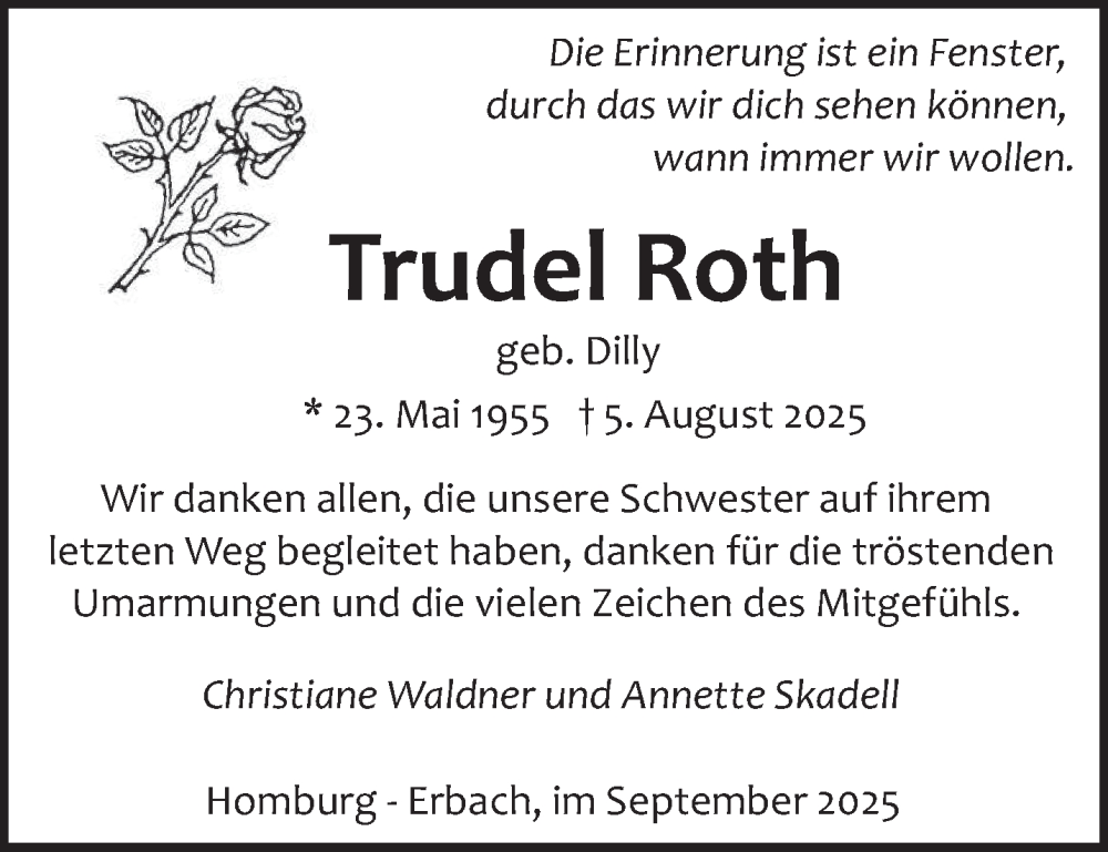  Traueranzeige für Trudel Roth vom 27.09.2025 aus saarbruecker_zeitung