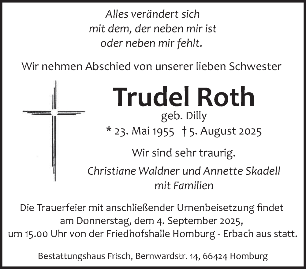  Traueranzeige für Trudel Roth vom 30.08.2025 aus saarbruecker_zeitung
