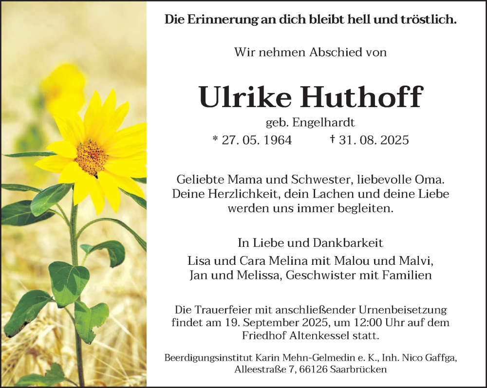  Traueranzeige für Ulrike Huthoff vom 13.09.2025 aus saarbruecker_zeitung