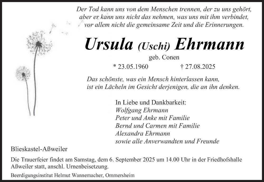  Traueranzeige für Ursula Ehrmann vom 30.08.2025 aus saarbruecker_zeitung