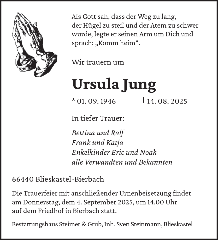  Traueranzeige für Ursula Jung vom 30.08.2025 aus saarbruecker_zeitung