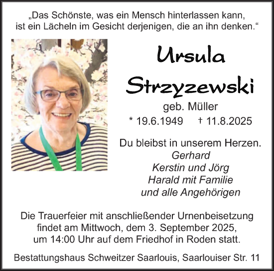 Traueranzeige von Ursula Strzyzewski von saarbruecker_zeitung