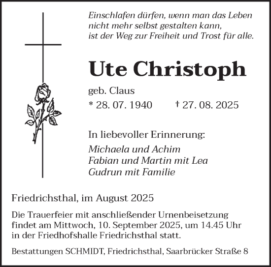 Traueranzeige von Ute Christoph von saarbruecker_zeitung