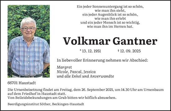 Traueranzeige von Volkmar Gantner von saarbruecker_zeitung