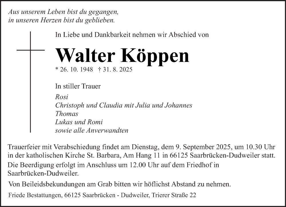  Traueranzeige für Walter Köppen vom 06.09.2025 aus saarbruecker_zeitung