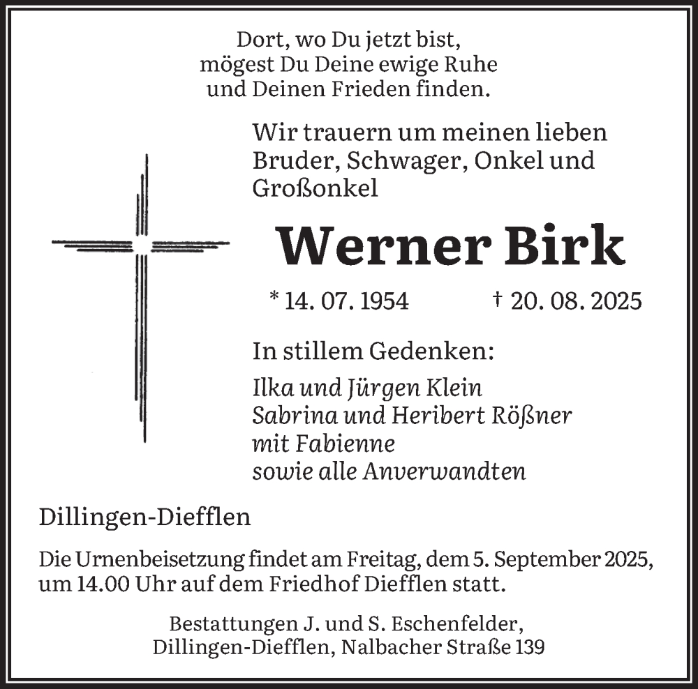 Traueranzeige für Werner Birk vom 30.08.2025 aus saarbruecker_zeitung