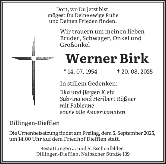 Traueranzeige von Werner Birk von saarbruecker_zeitung