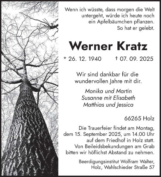 Traueranzeige von Werner Kratz von saarbruecker_zeitung
