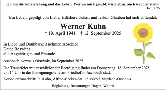 Traueranzeige von Werner Kuhn von saarbruecker_zeitung