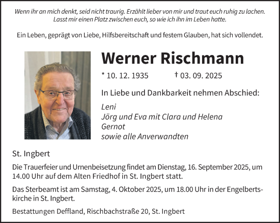 Traueranzeige von Werner Rischmann von saarbruecker_zeitung