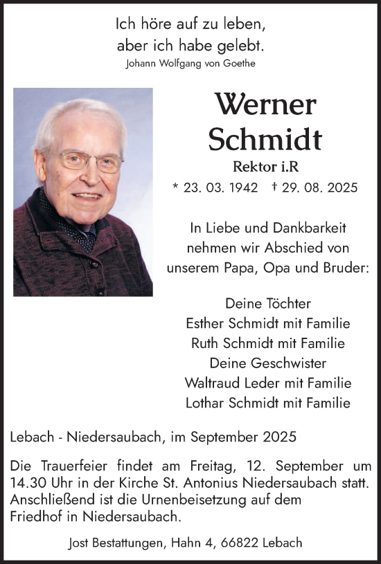 Traueranzeige von Werner Schmidt von saarbruecker_zeitung