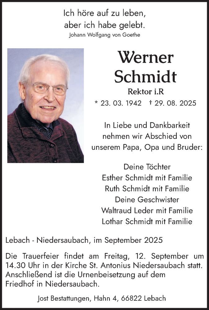  Traueranzeige für Werner Schmidt vom 06.09.2025 aus saarbruecker_zeitung
