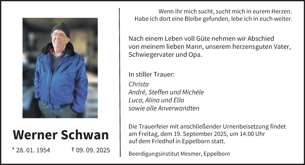  Traueranzeige für Werner Schwan vom 13.09.2025 aus saarbruecker_zeitung