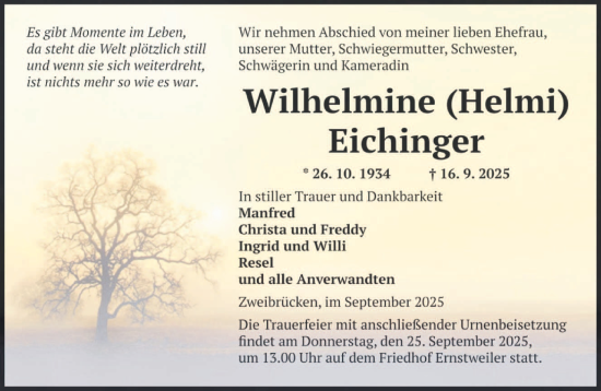 Traueranzeige von Wilhelmine Eichinger von saarbruecker_zeitung