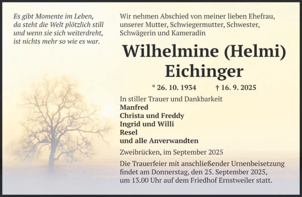  Traueranzeige für Wilhelmine Eichinger vom 23.09.2025 aus saarbruecker_zeitung