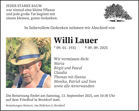 Traueranzeige von Willi Lauer von saarbruecker_zeitung
