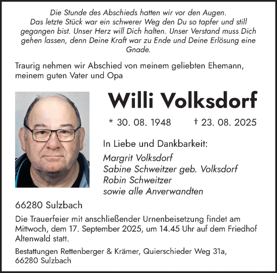Traueranzeige von Willi Volksdorf von saarbruecker_zeitung