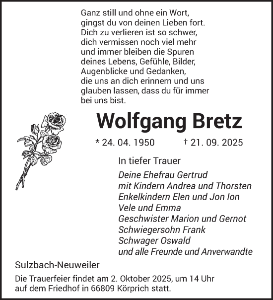 Traueranzeige von Wolfgang Bretz von saarbruecker_zeitung