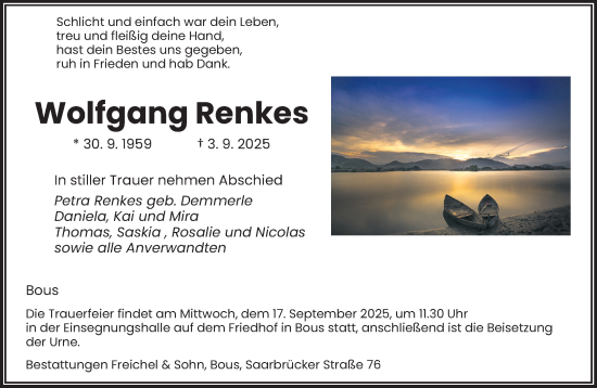 Traueranzeige von Wolfgang Renkes von saarbruecker_zeitung