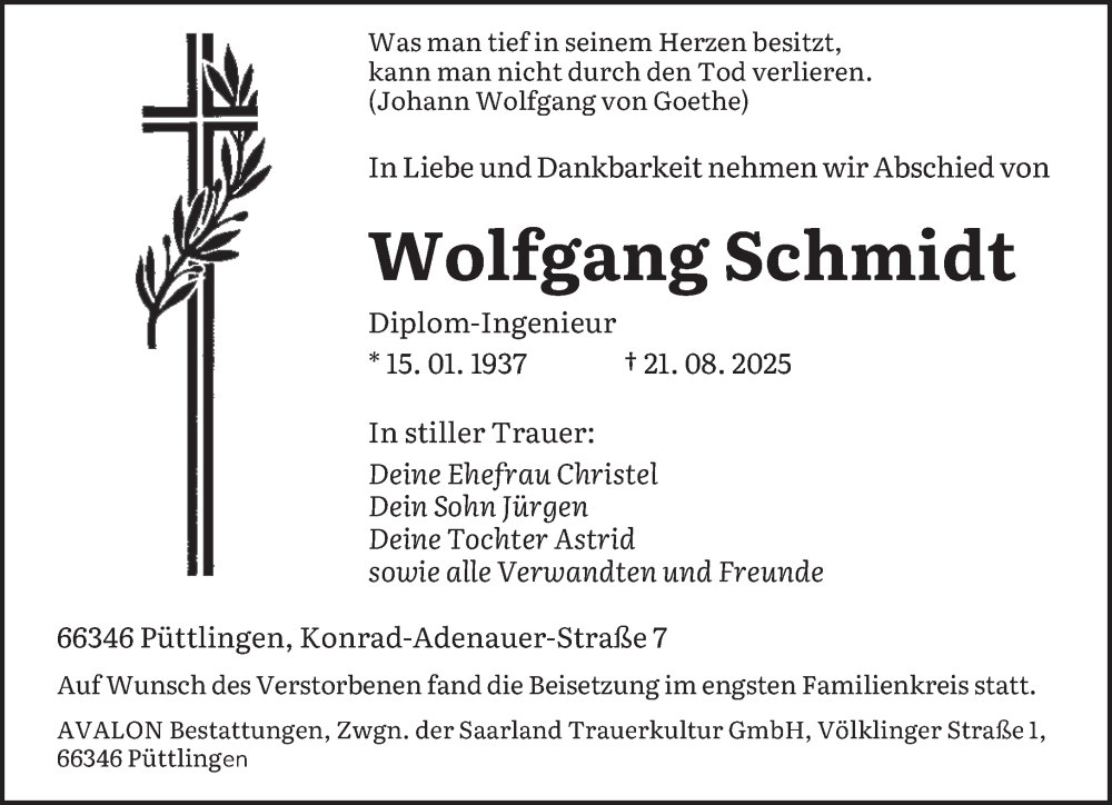  Traueranzeige für Wolfgang Schmidt vom 06.09.2025 aus saarbruecker_zeitung