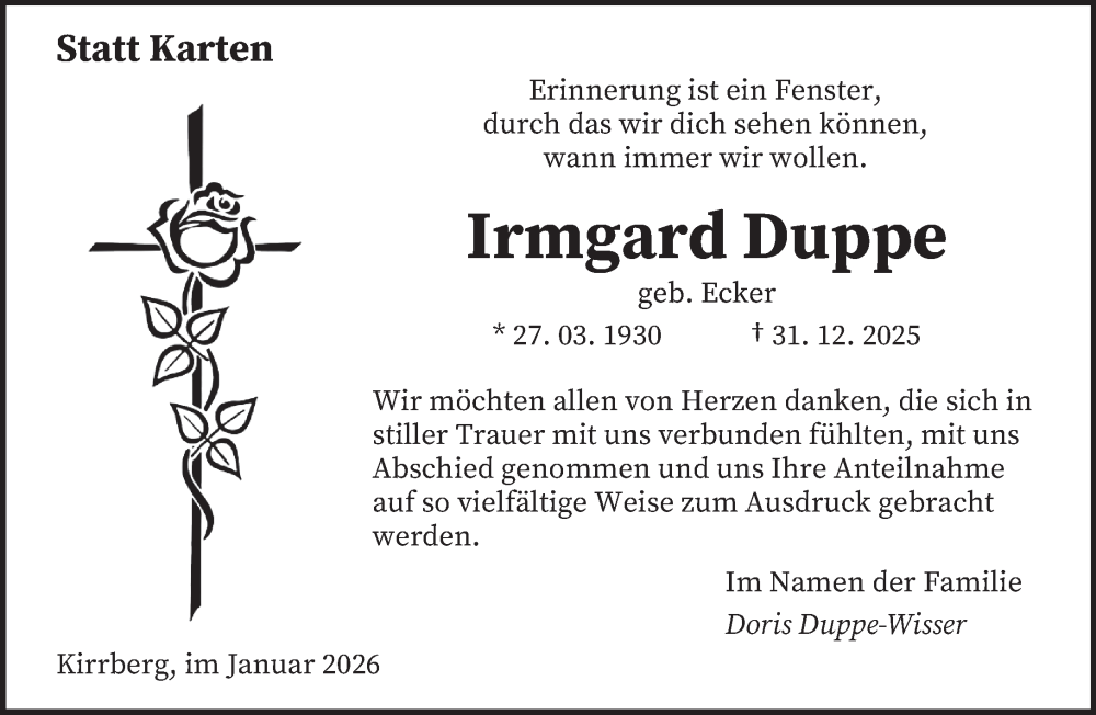  Traueranzeige für Irmgard Duppe vom 20.01.2026 aus 
