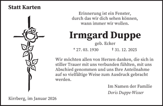 Traueranzeige von Irmgard Duppe 