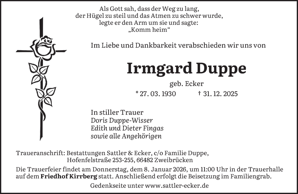  Traueranzeige für Irmgard Duppe vom 06.01.2026 aus saarbruecker_zeitung
