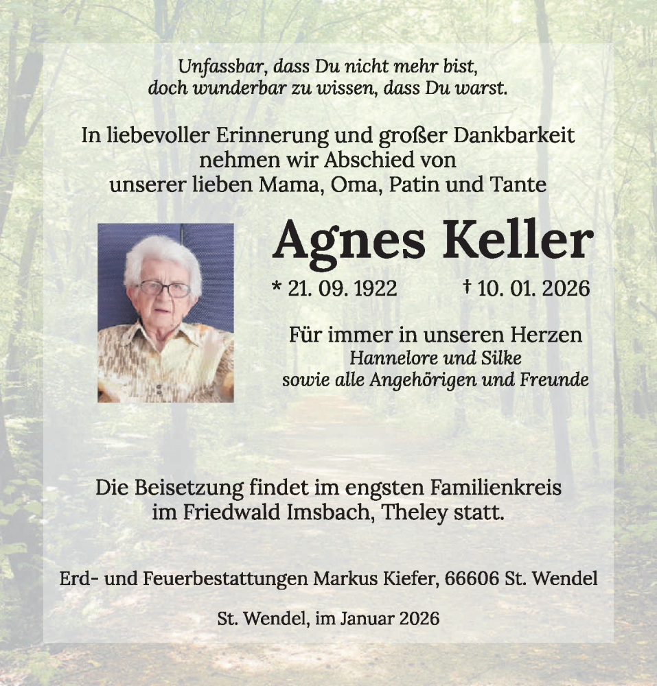  Traueranzeige für Agnes Keller vom 24.01.2026 aus saarbruecker_zeitung