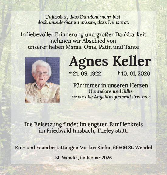 Traueranzeige von Agnes Keller von saarbruecker_zeitung