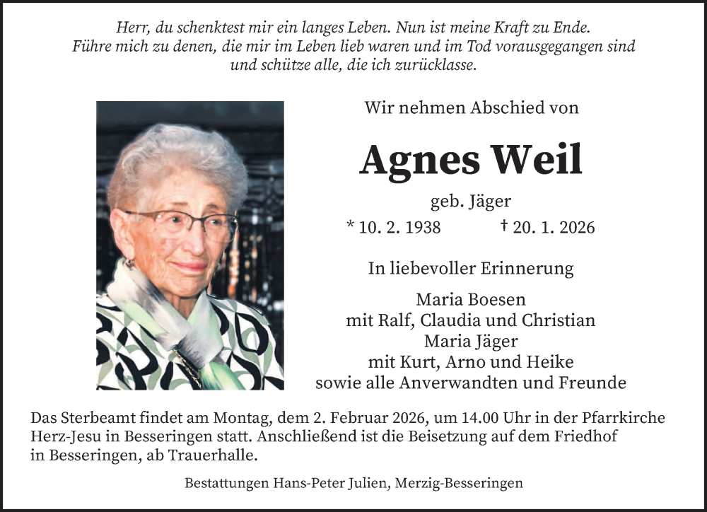  Traueranzeige für Agnes Weil vom 28.01.2026 aus saarbruecker_zeitung