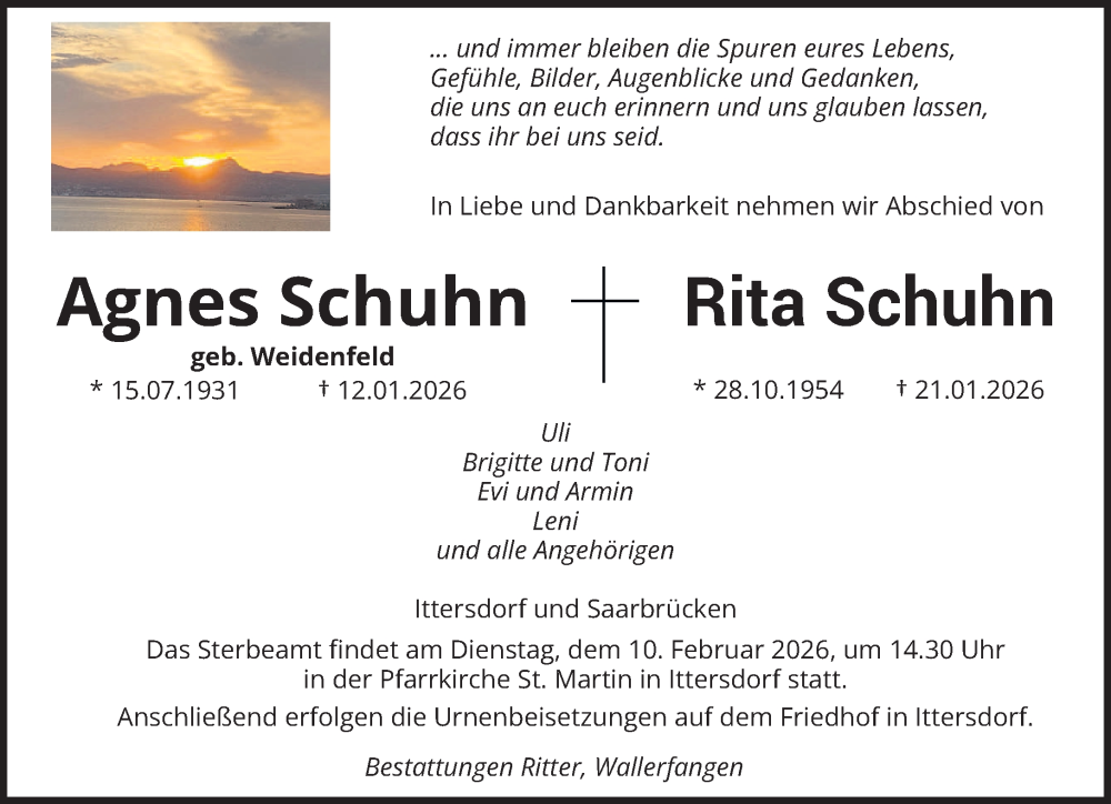  Traueranzeige für Agnes und Rita Schuhn vom 31.01.2026 aus saarbruecker_zeitung