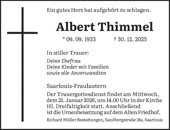 Traueranzeige von Albert Thimmel von saarbruecker_zeitung