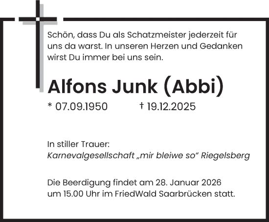 Traueranzeige von Alfons Junk von saarbruecker_zeitung