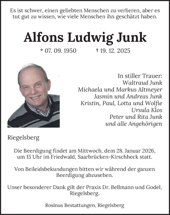 Traueranzeige von Alfons Ludwig Junk von saarbruecker_zeitung
