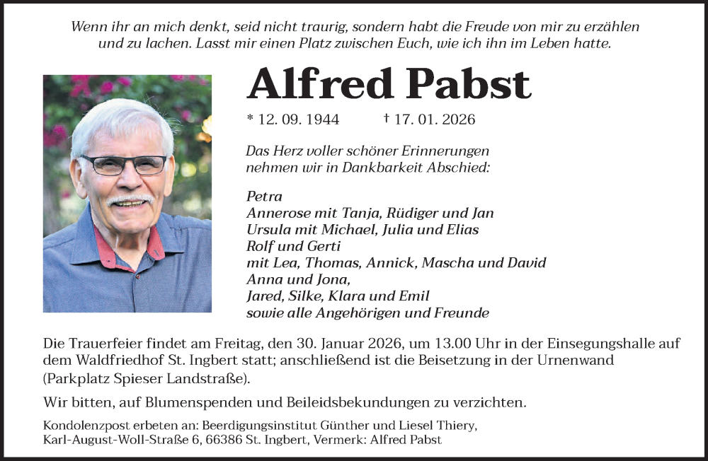  Traueranzeige für Alfred Pabst vom 24.01.2026 aus saarbruecker_zeitung