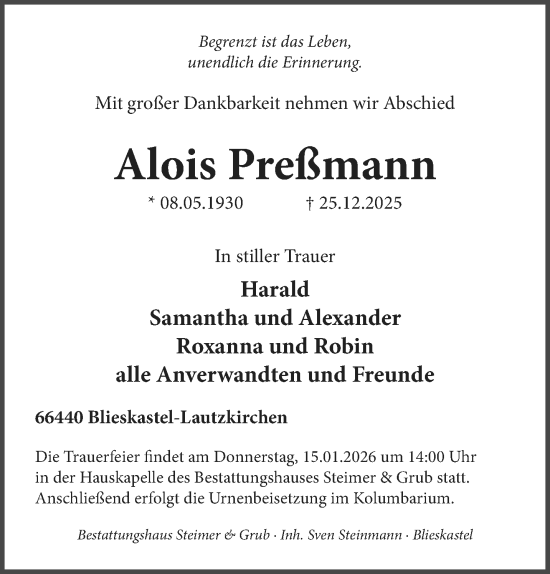 Traueranzeige von Alois Preßmann von saarbruecker_zeitung