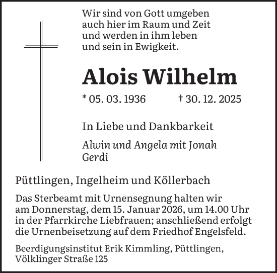 Traueranzeige von Alois Wilhelm von saarbruecker_zeitung