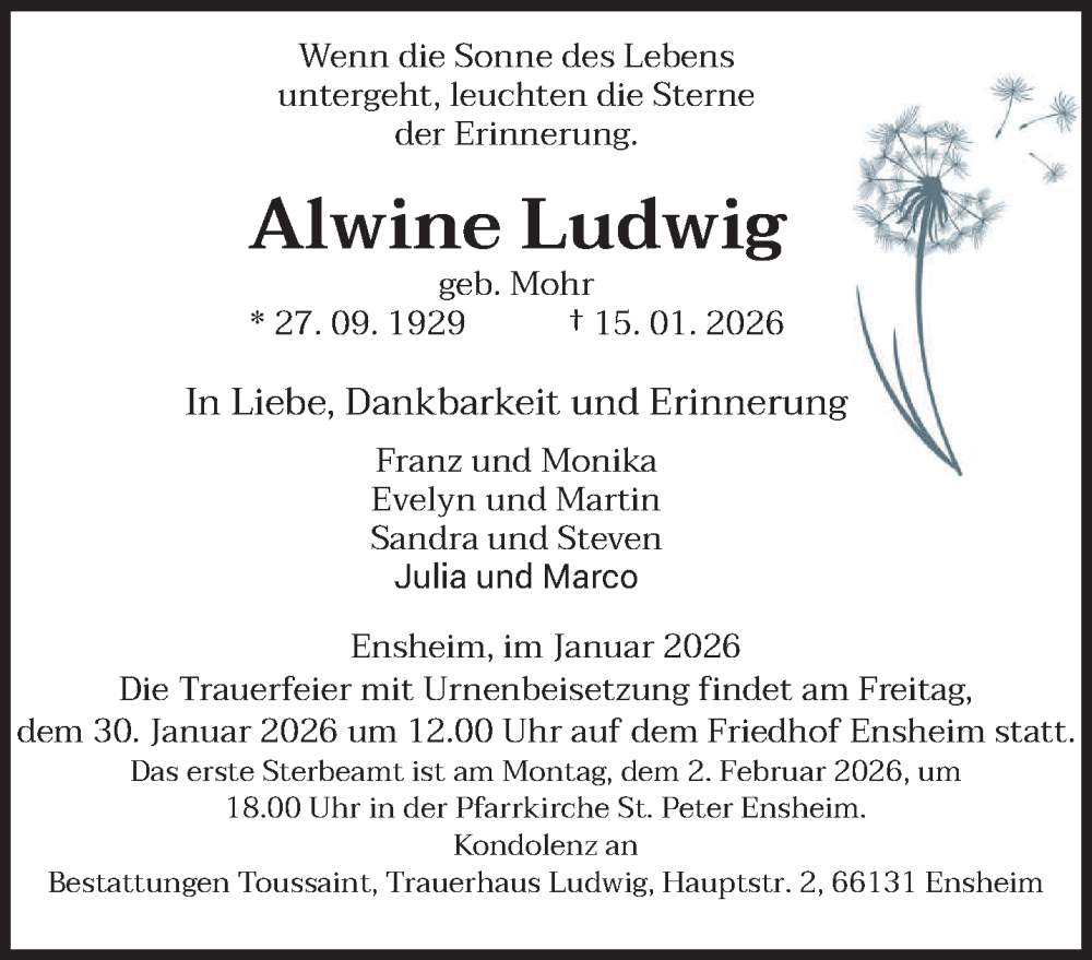  Traueranzeige für Alwine Ludwig vom 24.01.2026 aus saarbruecker_zeitung