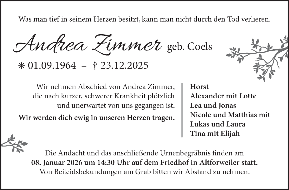  Traueranzeige für Andrea Zimmer vom 03.01.2026 aus saarbruecker_zeitung