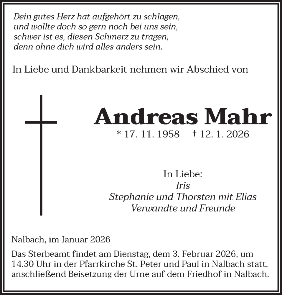  Traueranzeige für Andreas Mahr vom 31.01.2026 aus saarbruecker_zeitung