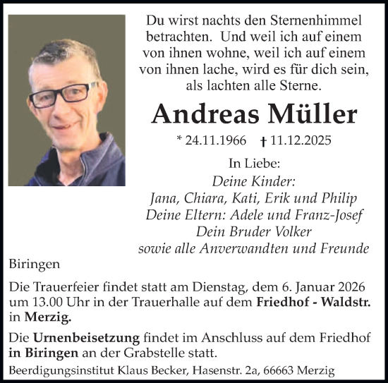Traueranzeige von Andreas Müller von saarbruecker_zeitung