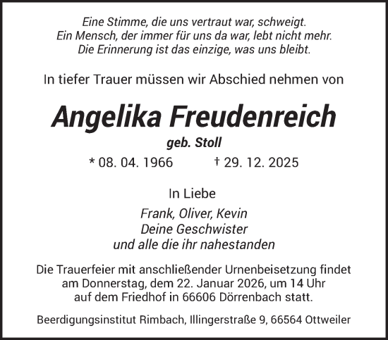 Traueranzeige von Angelika Freudenreich von saarbruecker_zeitung