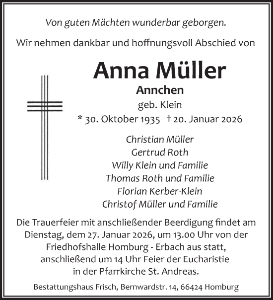 Traueranzeige von Anna Müller von saarbruecker_zeitung