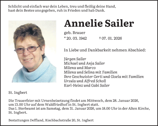 Traueranzeige von Annelie Sailer von saarbruecker_zeitung