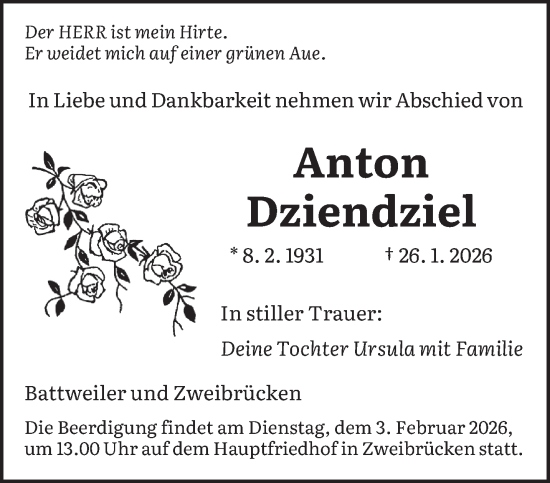 Traueranzeige von Anton Dziendziel von saarbruecker_zeitung