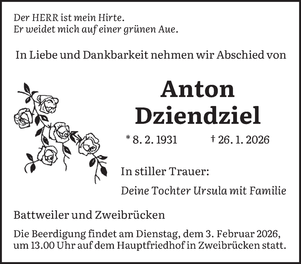  Traueranzeige für Anton Dziendziel vom 30.01.2026 aus saarbruecker_zeitung